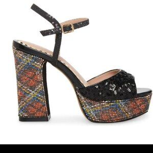 Betsey Johnson ALAIA BLACK PLAID Print Platform Sandal bling sequin NEW